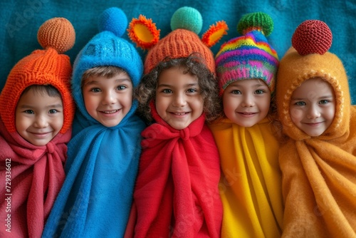 A group of happy children wrapped in soft towels, wearing hats, showcasing friendship and fun.