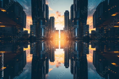 Capturing The Perfectly Symmetrical Modern City Skyline At Sunset: Panoramic View With Centered Composition And Ample Copy Space