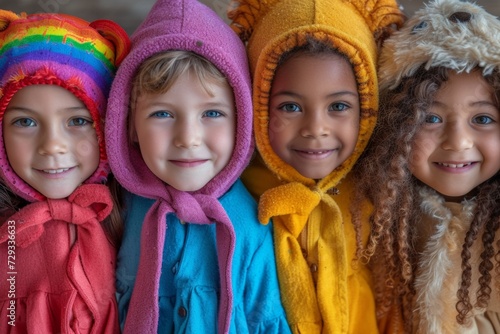 A diverse group of cheerful children in colorful costumes, celebrating friendship and enjoying a playful outdoor activity.