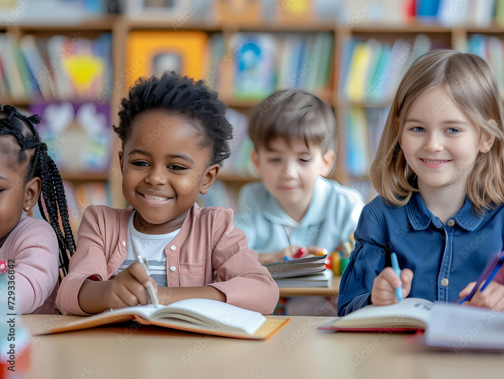Multicultural group of kids sit at tables with books and study at primary school. Education, knowledge, development or studying Multicultural group of kids sit at tables with books and study at primary school. Education, knowledge, development or studying