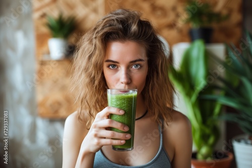 Woman Is Sipping Green Smoothie After Workout, Highlighting Nutrition