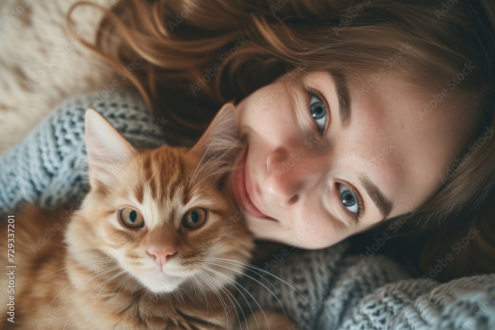 Woman Captures A Perfectly Symmetrical Selfie With Her Playful Kitten - Ample Copy Space In The Center