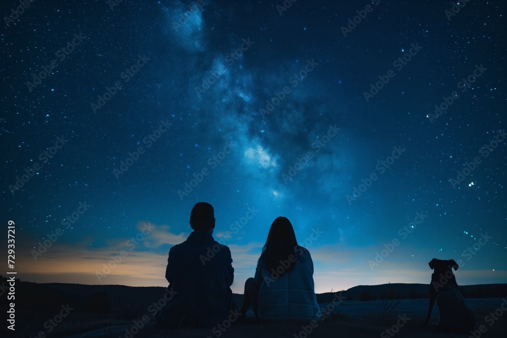 Symmetrical Photo Of A Young Couple And Their Dog Stargazing At Night With Centered Composition And Copy Space
