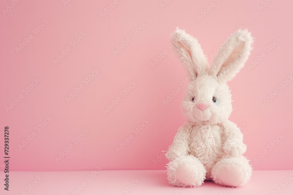 Easter-Themed Bunny Toy On Pink Backdrop: Adorable And Symmetrical Photo With Copy Space Easter-Themed Bunny Toy On Pink Backdrop: Adorable And Symmetrical Photo With Copy Space