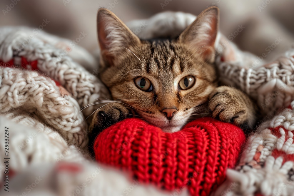 Sweet Cat Cuddles A Handcrafted Red Heart: Perfect Valentine's Day Delight With Symmetrical Photo And Copy Space Sweet Cat Cuddles A Handcrafted Red Heart: Perfect Valentine's Day Delight With Symmetrical Photo And Copy Space