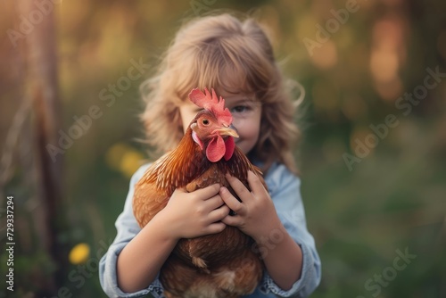 Adorable Child Holding Rhode Island Red Chicken With Pure Delight
