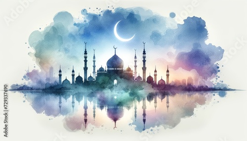 a mosque silhouette with a watercolor effect