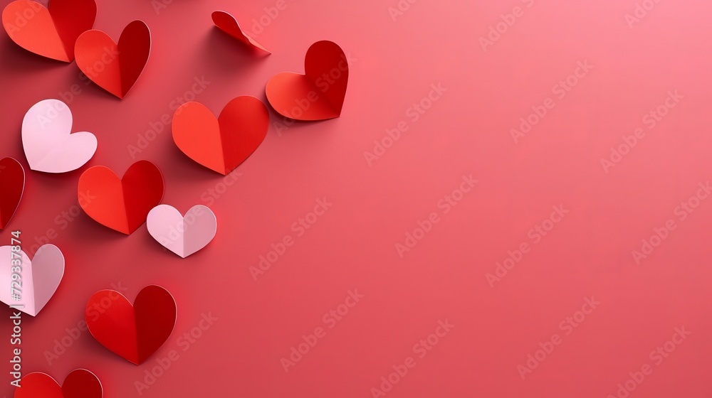 Composition with red paper hearts on color background. Valentines Day celebration