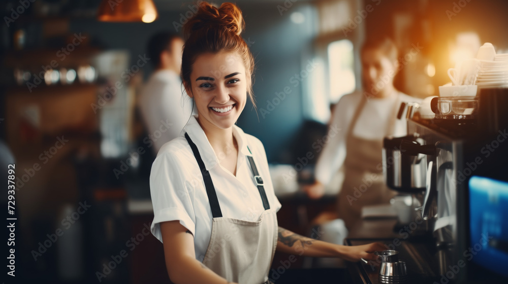 Happy white barista woman smiling at cafe. Smiling barista woman in cafe