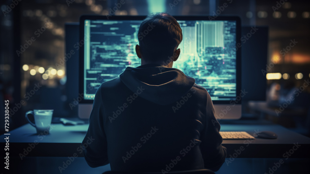 Man working at computer back view. Programmer at computer screen from back view Man working at computer back view. Programmer at computer screen from back view
