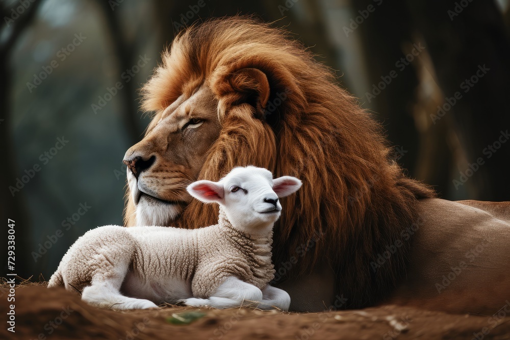 Lion And Lamb: Harmonious Symbol Of Serenity Captured In A Perfectly Symmetrical Photo With Ample Copy Space