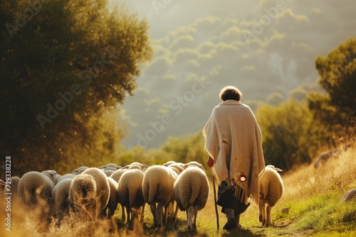 Religious Figure Leading Group Of Sheep In Pastoral Setting