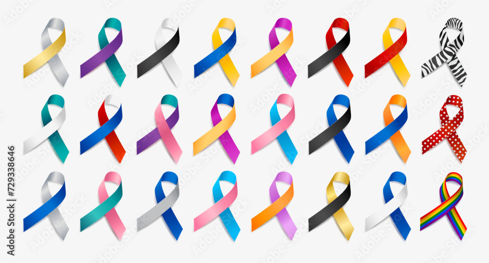 Set of realistic different multi color ribbon awareness ribbons ...