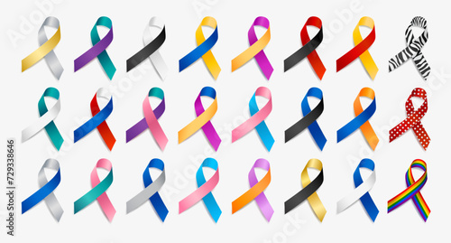 Set of realistic different multi color ribbon awareness ribbons. Elements for design. Vector ribbon various colors isolated on white background