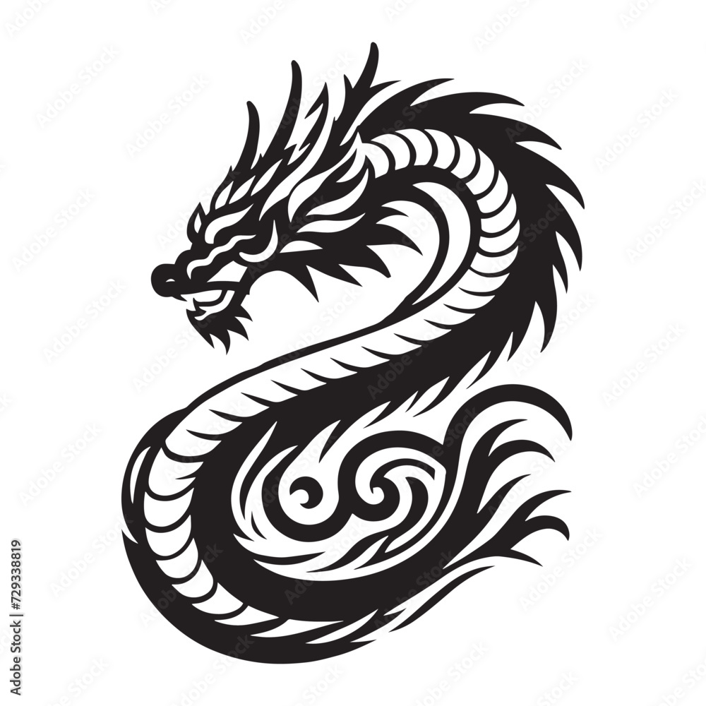 black and white tribal dragon tattoo hand drawn art vector illustration