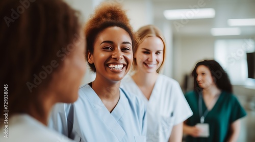 Happy multiracial female physicians looking at each other in hospital