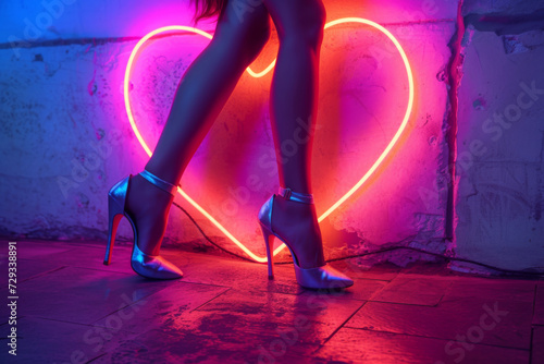 Legs of a young woman in high heels near a glowing neon heart, simple background