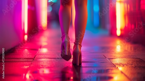 Close-up legs of a young woman in high heels, a glowing neon light, dark background
