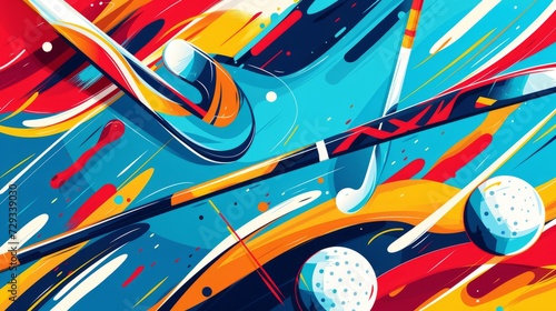 Energetic and modern graphic background for field hockey, featuring stylized hockey sticks, balls, and a dynamic playfield in a visually appealing composition