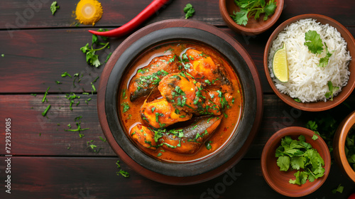 exquisite Bengali Fish Curry, top view on a dark background