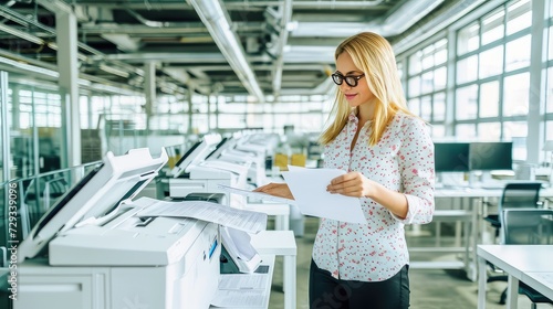 Woman with glasses in the office with a printer. A professional woman attending to the office printer.