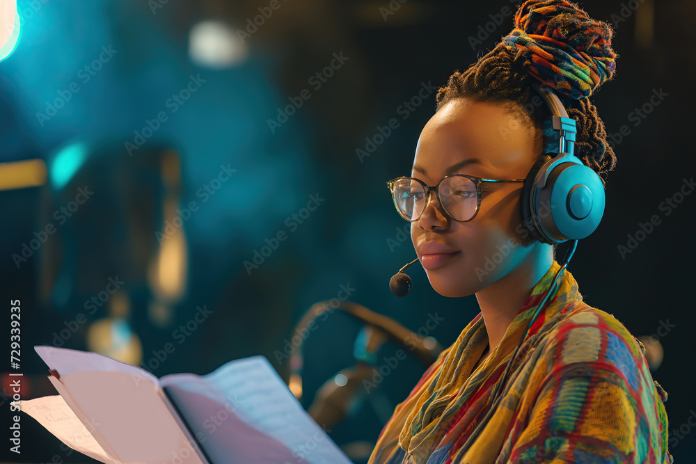 Black young female event manager or party planner woman reading document while wearing headset earphones with microphone, live concert party show in background with colorful spotlights and copy space