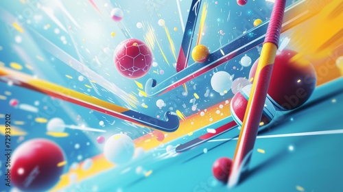 An energetic and modern graphic background for field hockey, featuring stylized hockey sticks, balls, and a dynamic playfield in a visually appealing composition