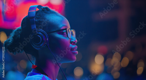 Black young female event manager or party planner woman wearing headset earphones with microphone, live concert party show in background with colorful spotlights and copy space photo