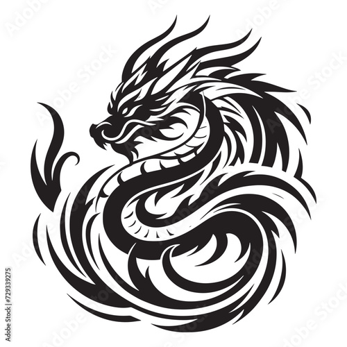 black and white tribal dragon tattoo hand drawn art vector illustration