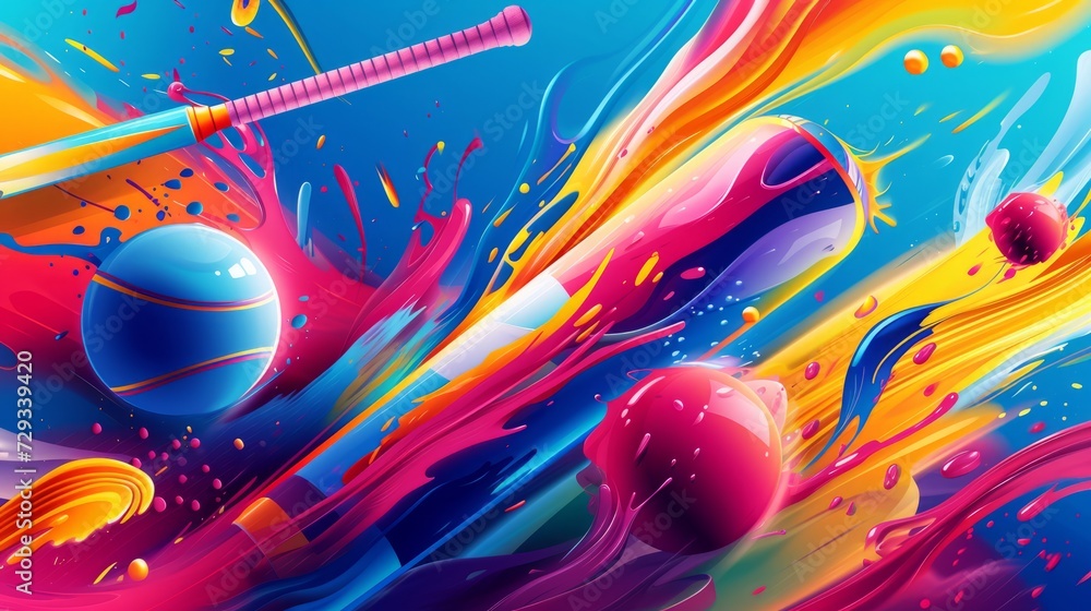 Design a dynamic and abstract graphic background inspired by cricket, incorporating stylized cricket bats, balls, and wickets with vibrant colors
