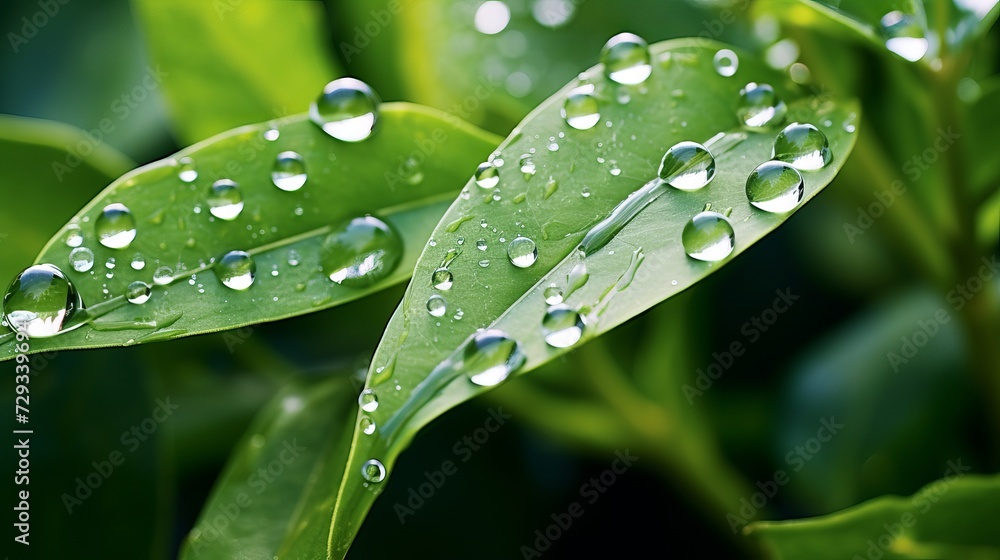 Large beautiful drops of transparent rain water on a green leaf macro. Drops of dew in the morning glow in the sun. Beautiful leaf texture in nature. Natural background Large beautiful drops of transparent rain water on a green leaf macro. Drops of dew in the morning glow in the sun. Beautiful leaf texture in nature. Natural background