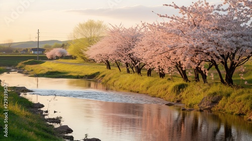 Japanese Springtime.The row of cherry trees along the Kannonjigawa River.Inawashiro,Fukushima,Japan.Late April photo