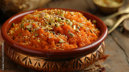 Delicious Gajar ka Halwa in a metal bowl, garnished with nuts photo