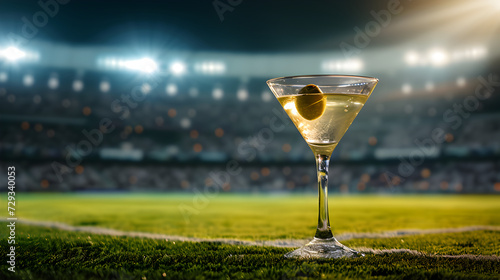Cinematic wide angle photograph of a martini glass with an olive at a soccer stadium. Product photography.