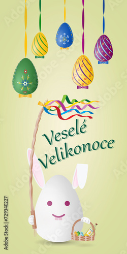 Happy Easter card with traditional Easter symbols, Easter rabbit, painted eggs and Czech text Vesele Velikonoce, vector drawing, portrait orientation, vertical design, illustration.