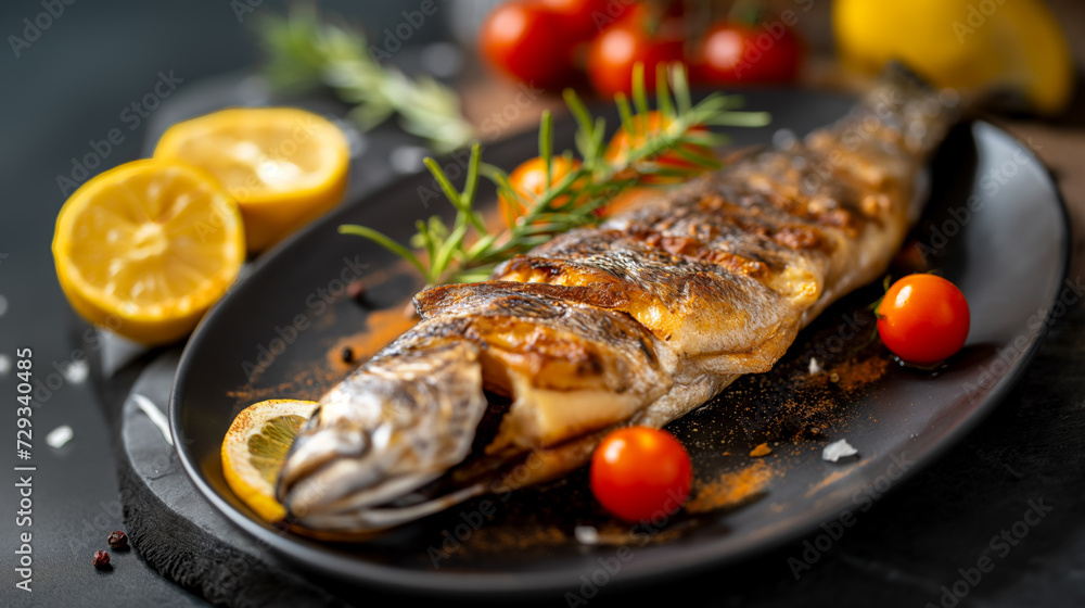 Savory Grilled Fish Delight on Dark Background, Culinary Excellence Savory Grilled Fish Delight on Dark Background, Culinary Excellence
