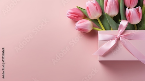 Mother's Day concept. Top view photo of stylish pink giftbox with ribbon bow and bouquet of tulips on isolated pastel pink background with copyspace © Tahir
