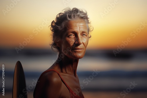 Portrait of senior woman with surfboard on the beach at sunset. Sport concept. Vacation and Travel Concept with Copy Space.