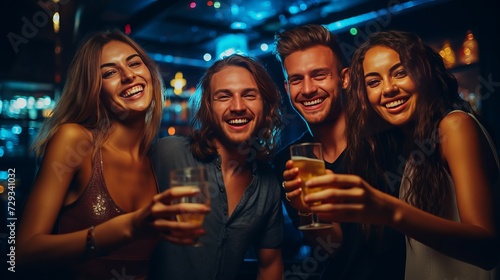 Nice attractive stylish cheerful cheery positive carefree guys ladies having fun hanging out best summer year student festive in new cool bar modern place indoors photo