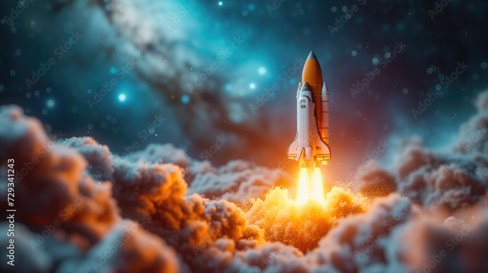 Obraz premium Cartoon rocket launching into space.