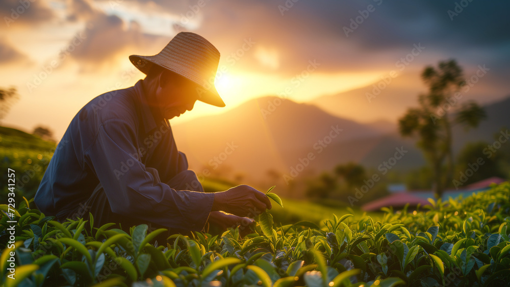 Fototapeta premium Tea plantation, hill tribe farmer harvest tea leaves. Silhouette mountain with sunlight