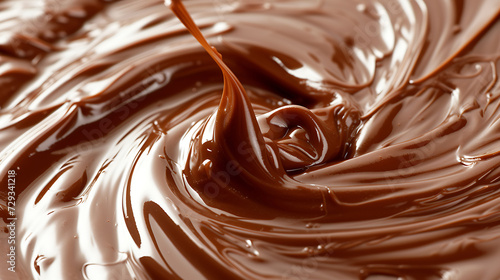 Close-up of chocolate swirl and liquid caramel on white background with smooth lines.