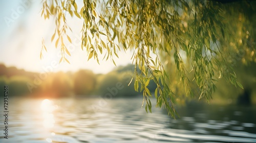 Close-up of a willow tree sprouting by the lake and the sunlight shining on the lake surfaceClose-up of a willow tree sprouting by the lake and the sunlight shining on the lake surface photo