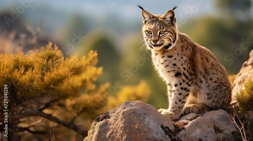 Side view of Iberian lynx poised on a rocky outcrop in natural habitat in blurred background © Tahir
