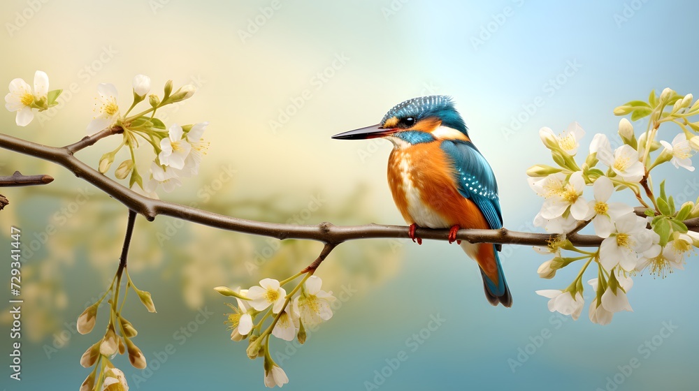 Common kingfisher sits on willow branch with fresh green, Hesse, Germany - obrazy, fototapety, plakaty 