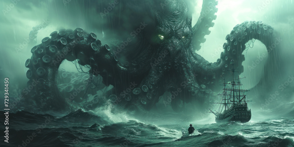 Kraken is a mythological sea monster in the form of a giant octopus that can attack fishing boats. ai generated - obrazy, fototapety, plakaty 