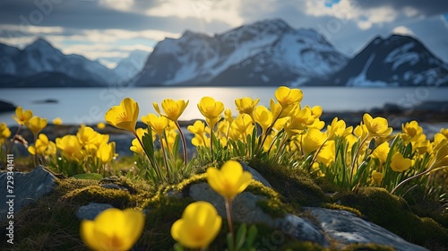 Spring field of yellow buttercup flowers with storm aproaching over distant mountains, Myrland, Flakstadøy, Lofoten Islands, Norway photo