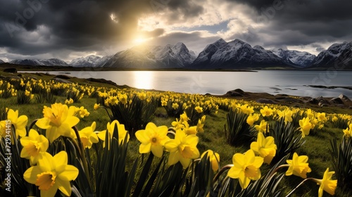 Spring field of yellow buttercup flowers with storm aproaching over distant mountains, Myrland, Flakstadøy, Lofoten Islands, Norway photo
