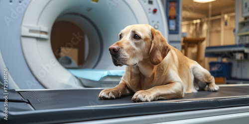 Veterinary and animal care. Doctor preparing dog to have lumbar spine MRI. Vets examining x-ray on Labrador dog lying in veterinary surgery hospital