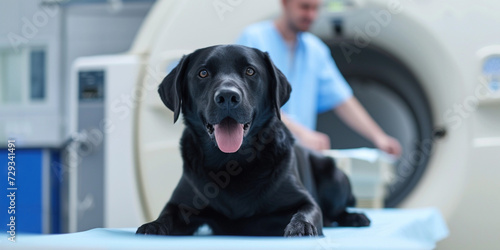Vets examining x-ray on Labrador dog lying in veterinary surgery hospital. Veterinary and animal care. Doctor preparing dog to have lumbar spine MRI.